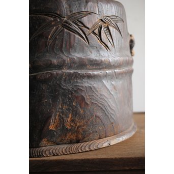 竹雀 浮彫木彫火鉢　X224 