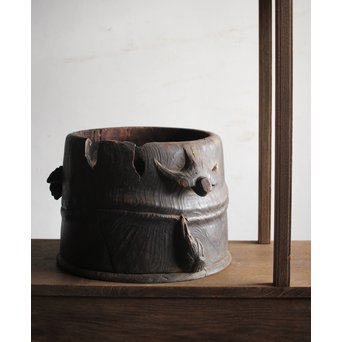 竹雀 浮彫木彫火鉢　X224 