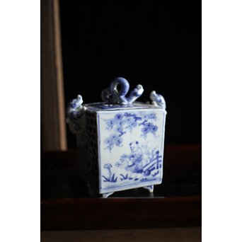 三浦竹泉造 龍耳 祥瑞手染付四方香炉　P189 