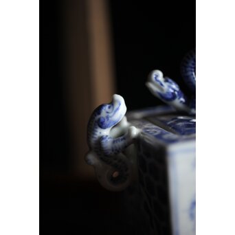 三浦竹泉造 龍耳 祥瑞手染付四方香炉　P189 