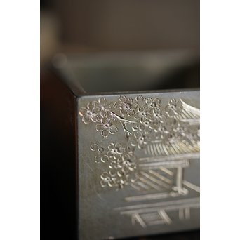 十世 中川浄益/淳三郎 喜見城毛彫 銀升/ぐい呑み 十二代 黒田正玄箱書　M213 