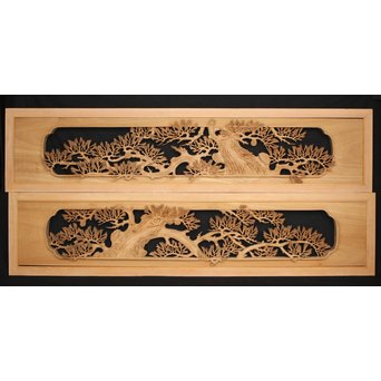 井波彫刻 弘介銘 松の深彫木彫欄間2枚1組　R2562Y