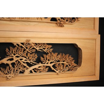 井波彫刻 弘介銘 松の深彫木彫欄間2枚1組　R2562Y 