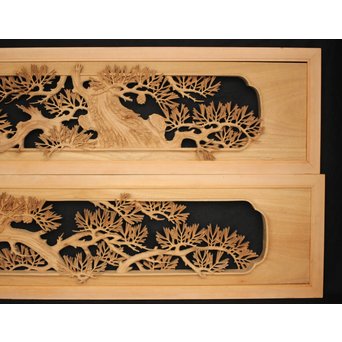 井波彫刻 弘介銘 松の深彫木彫欄間2枚1組　R2562Y 