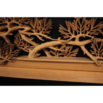 井波彫刻 弘介銘 松の深彫木彫欄間2枚1組　R2562Y 