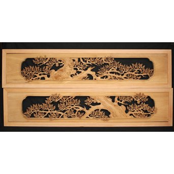 井波彫刻 弘介銘 松の深彫木彫欄間2枚1組　R2562Y 