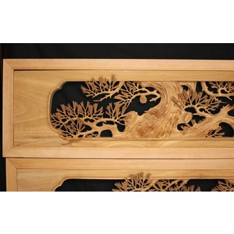 井波彫刻 弘介銘 松の深彫木彫欄間2枚1組　R2562Y 