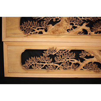 井波彫刻 弘介銘 松の深彫木彫欄間2枚1組　R2562Y 