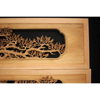 井波彫刻 弘介銘 松の深彫木彫欄間2枚1組　R2562Y 