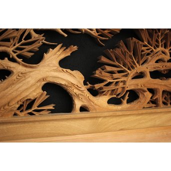 井波彫刻 弘介銘 松の深彫木彫欄間2枚1組　R2562Y 