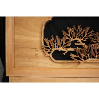 井波彫刻 弘介銘 松の深彫木彫欄間2枚1組　R2562Y 