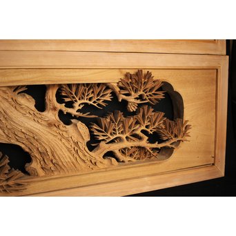 井波彫刻 弘介銘 松の深彫木彫欄間2枚1組　R2562Y 