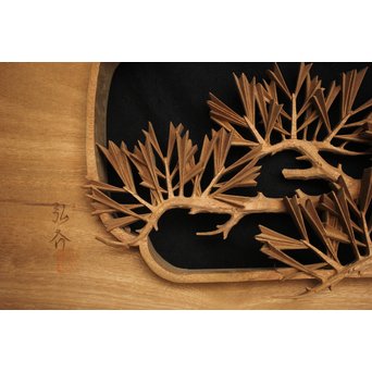 井波彫刻 弘介銘 松の深彫木彫欄間2枚1組　R2562Y 