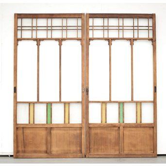 黄色と緑色ガラスの白木建具S 2枚1組　GD1289Y