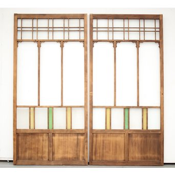 黄色と緑色ガラスの白木建具S 2枚1組　GD1289Y 
