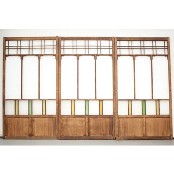 黄色と緑色ガラスの白木建具M 6枚1組　GD1290YD 