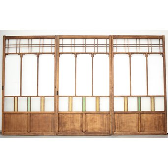 黄色と緑色ガラスの白木建具M 6枚1組　GD1290YD 