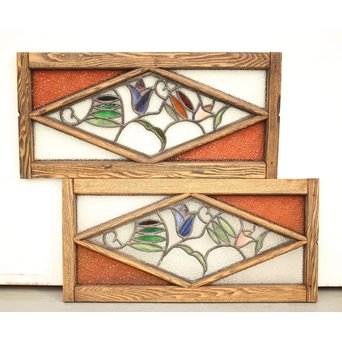 フルレストア 和製ステンドガラス 明り取り　2枚1組　GD1293