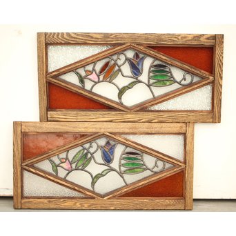 フルレストア 和製ステンドガラス 明り取り　2枚1組　GD1293 