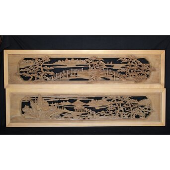 深彫 楼閣木彫欄間 2枚1組　R0002YD