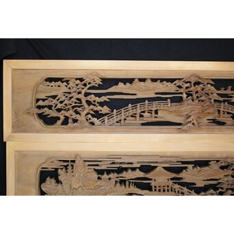 深彫 楼閣木彫欄間 2枚1組　R0002YD 