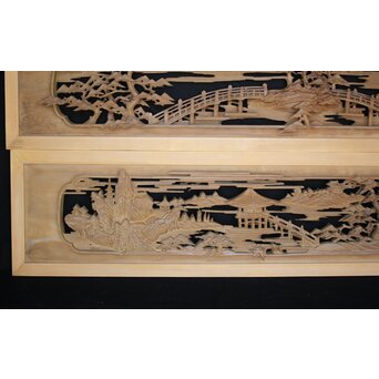 深彫 楼閣木彫欄間 2枚1組　R0002YD 