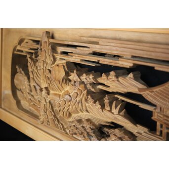 深彫 楼閣木彫欄間 2枚1組　R0002YD 