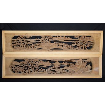 深彫 楼閣木彫欄間 2枚1組　R0002YD 