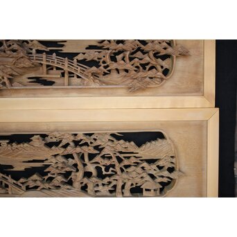 深彫 楼閣木彫欄間 2枚1組　R0002YD 