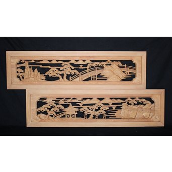 中型 楼閣木彫欄間 2枚1組　R0003 