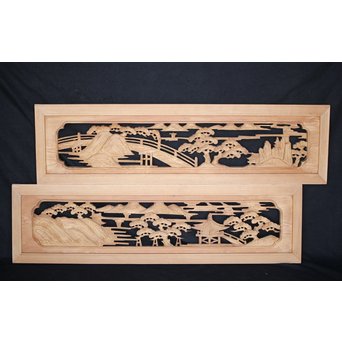 中型 楼閣木彫欄間 2枚1組　R0003