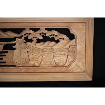 中型 楼閣木彫欄間 2枚1組　R0003 