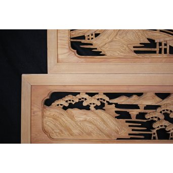 中型 楼閣木彫欄間 2枚1組　R0003 