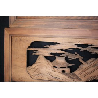 楼閣山水 人物 木彫欄間 2枚1組　R0006 