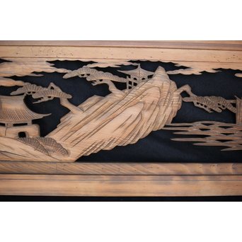 楼閣山水 人物 木彫欄間 2枚1組　R0006 