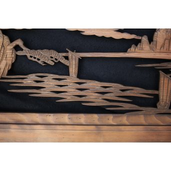 楼閣山水 人物 木彫欄間 2枚1組　R0006 