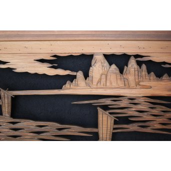 楼閣山水 人物 木彫欄間 2枚1組　R0006 