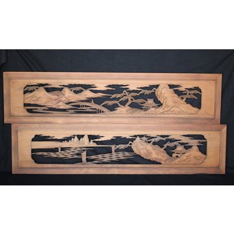 楼閣山水 人物 木彫欄間 2枚1組　R0006 