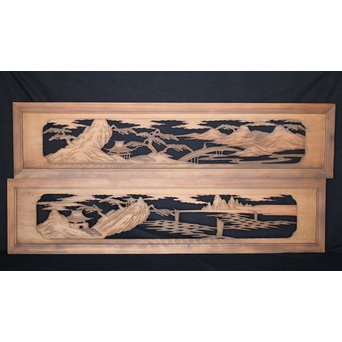 楼閣山水 人物 木彫欄間 2枚1組　R0006