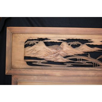 楼閣山水 人物 木彫欄間 2枚1組　R0006 