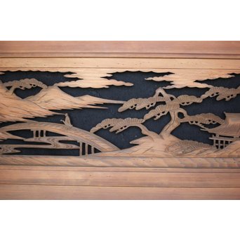 楼閣山水 人物 木彫欄間 2枚1組　R0006 