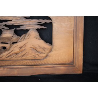 楼閣山水 人物 木彫欄間 2枚1組　R0006 