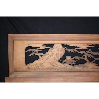 楼閣山水 人物 木彫欄間 2枚1組　R0006 