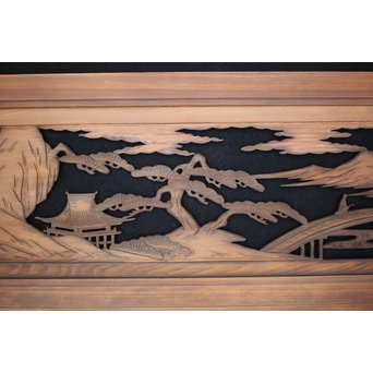 楼閣山水 人物 木彫欄間 2枚1組　R0006 