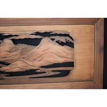 楼閣山水 人物 木彫欄間 2枚1組　R0006 