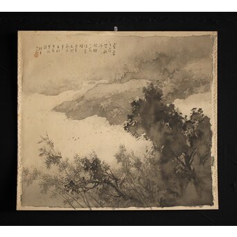 松林桂月 竹林図 絹本水墨まくり　Z221