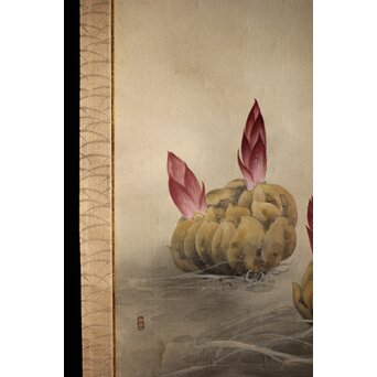 奥村藻山 百合図 絹本彩色掛軸　Z224 