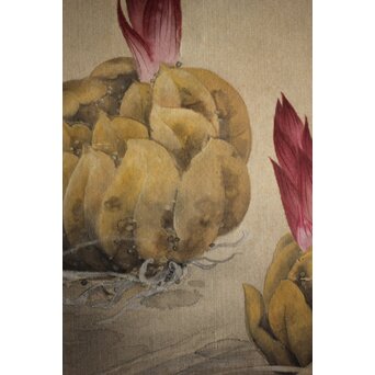 奥村藻山 百合図 絹本彩色掛軸　Z224 