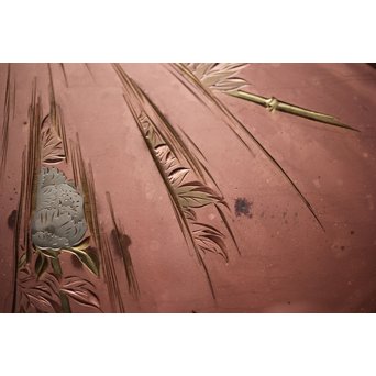 馬場勝乗 彫金額 『寒牡丹の図』扁額 共箱　M221 