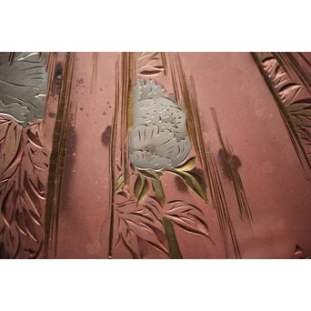 馬場勝乗 彫金額 『寒牡丹の図』扁額 共箱　M221 